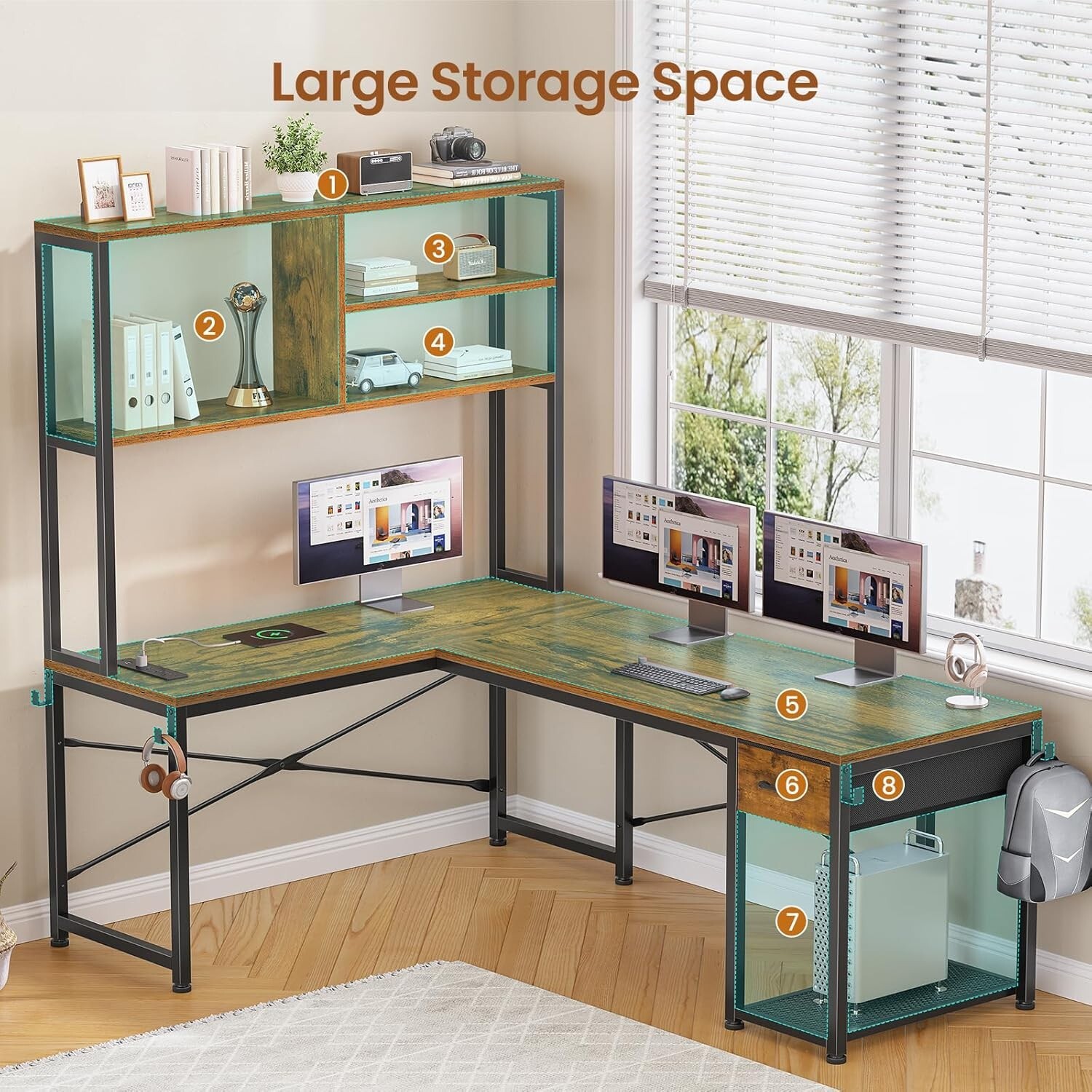 L Shaped Computer Desk with LED Lights and Storage Shelves, Home Office Desk