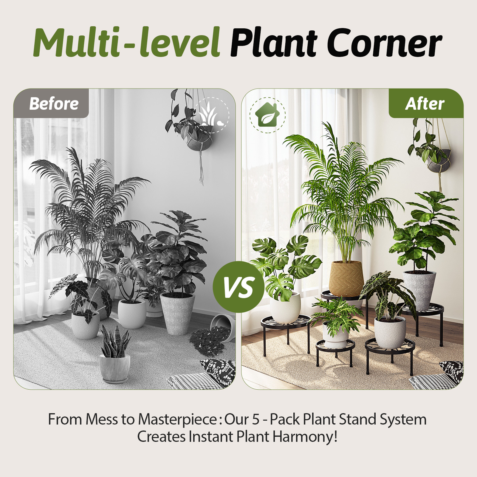 Bamworld 5-Pack Plant Stands Metal Flower Pot Racks for Heavy Duty Plant Riser