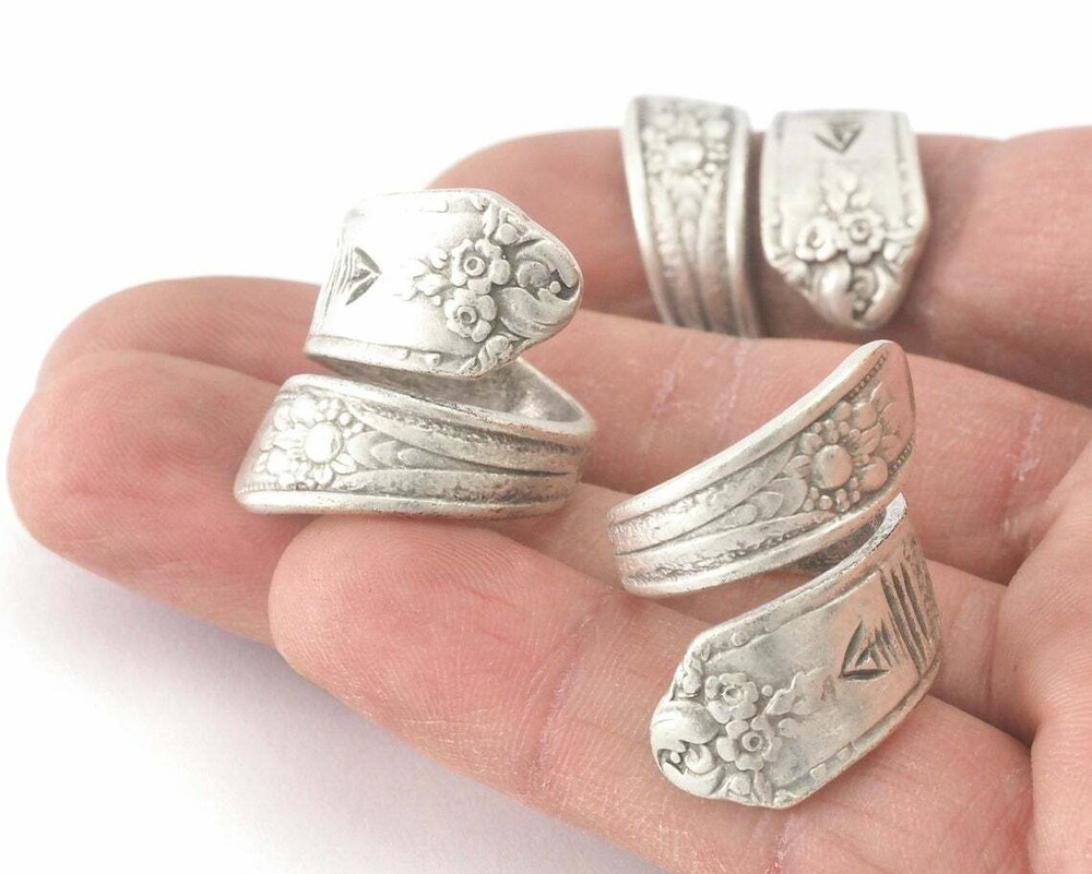 Spoon Wrap Ring Flower Patterned Adjustable Antique silver plated Brass 7US 4071
