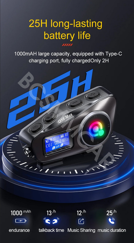 Motorcycle Intercom Riders Music Bluetooth Helmet Headset LCD Display Waterproof