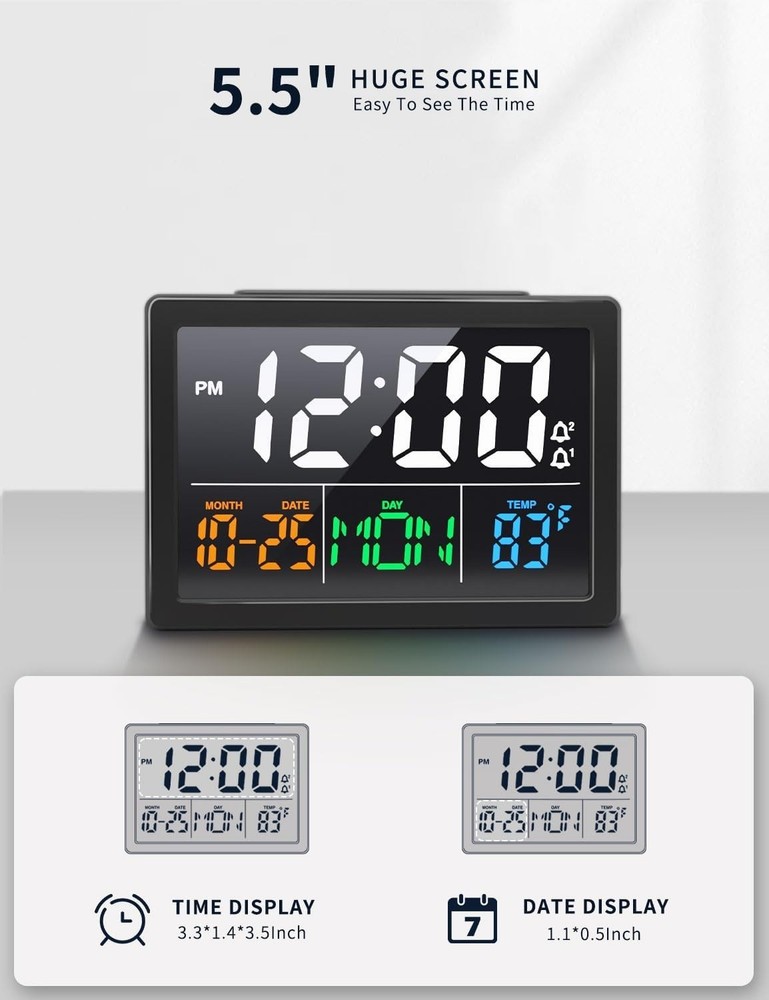Premium Digital Atomic Alarm Clock Self-Setting Battery LCD Large Display Desk