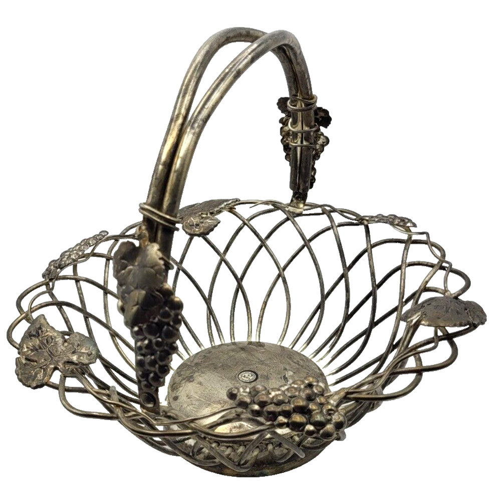 Vintage Godinger Silverplate Fruit Basket Swing Handle Wire Grapes Leaves 12"