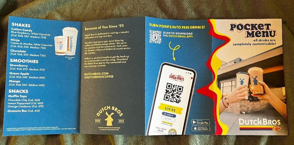DUTCH BROS POCKET MENU 2025 DRINKS CLASSICS REBEL ENERGY DRINKS TEA LEMONADE