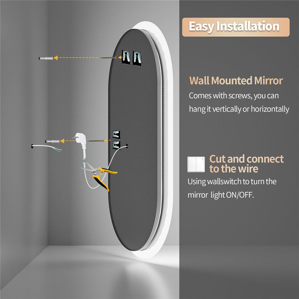 Frameless LED Bathroom Mirror 3 Color Dimmable Horizontal/Vertical Wall Mirrors