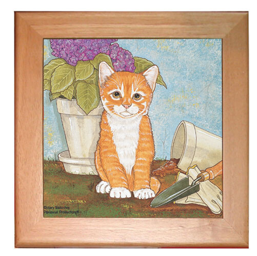 Cat Kitchen Ceramic Trivet Framed in Pine 8" x 8"