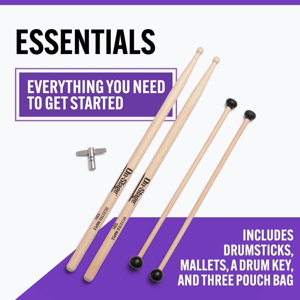 On-Stage Student Percussion Kit - Maple Drumsticks, Rubber Mallets,