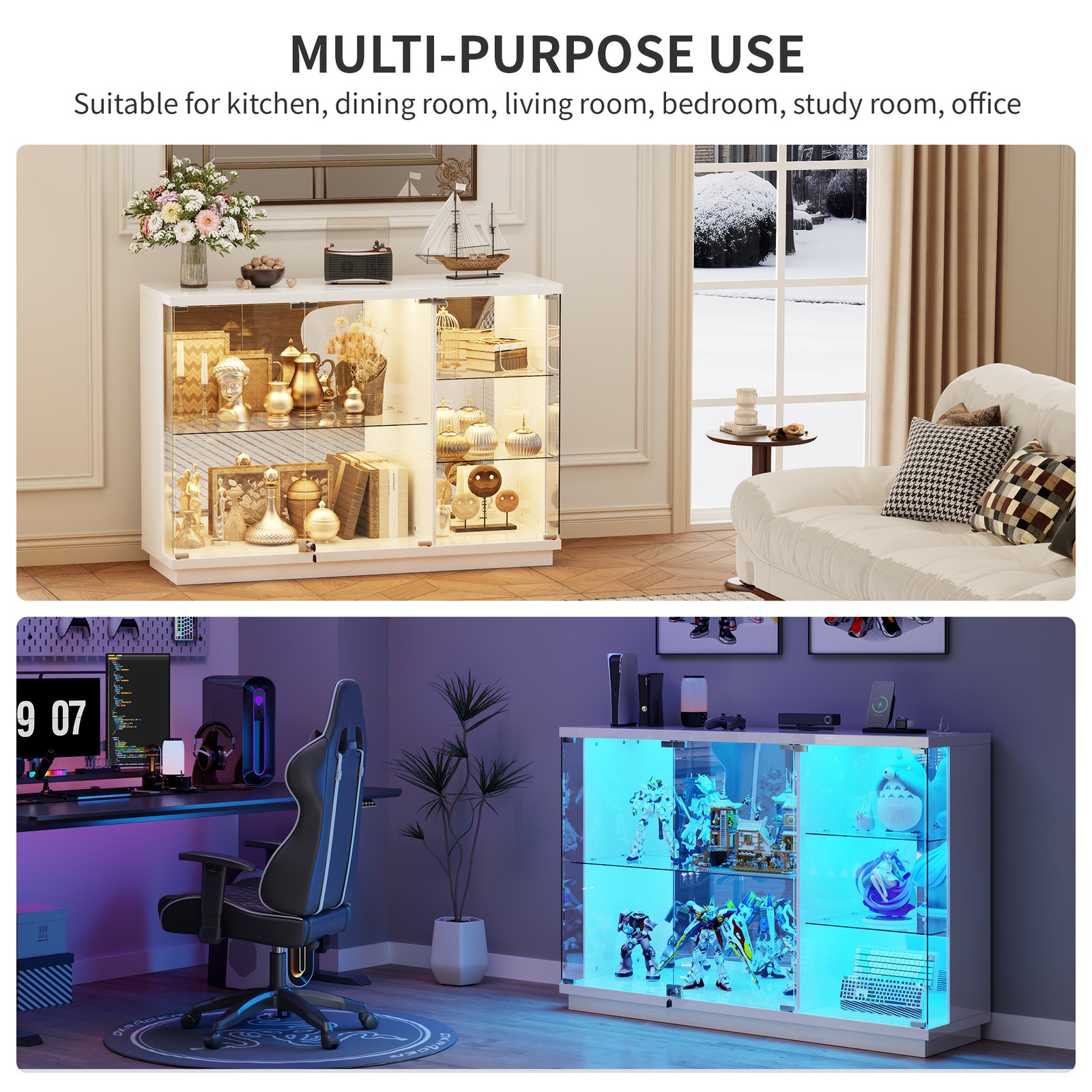 Gurexl Glass Display Cabinet with Lock, Display Cases with 3-Color LED Lights