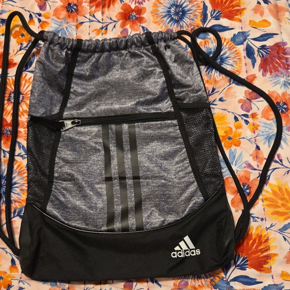 adidas Gray Black Drawstring Gym Bag Polyester Zip Pocket Adjustable Strap