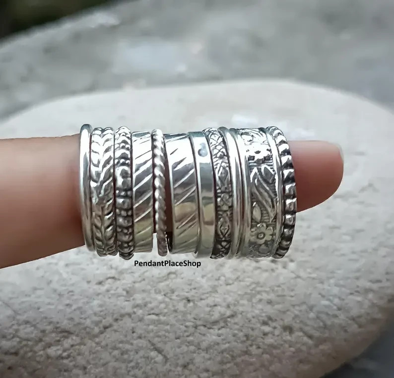 925 Solid Sterling Band Silver Stacking Rings, Textured Midi Ring Set All Size