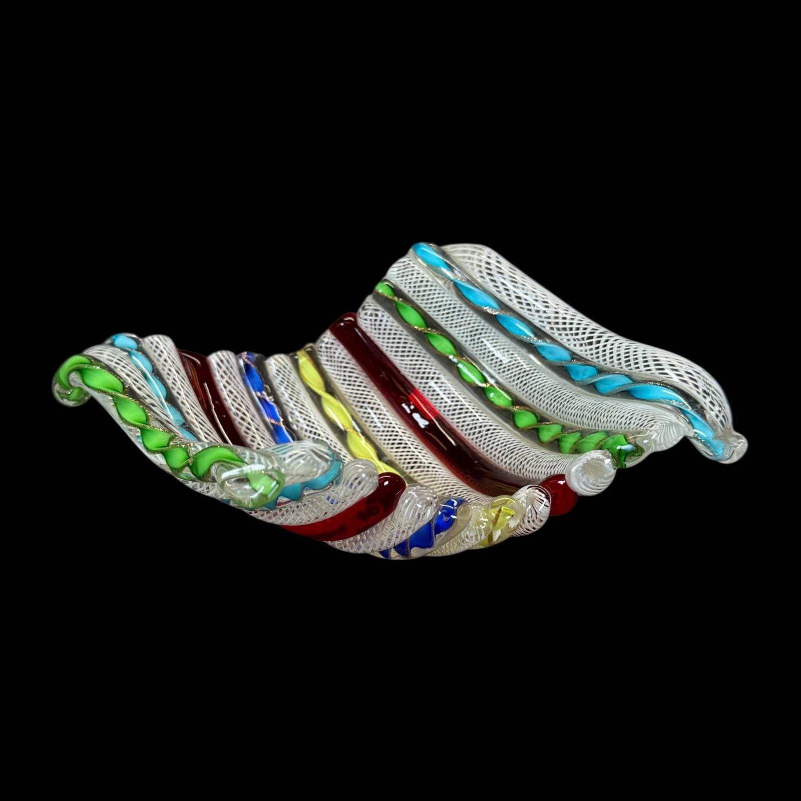 Vintage Murano Italian Zanfirico Latticino Ribbon Multicolored Folded Bowl