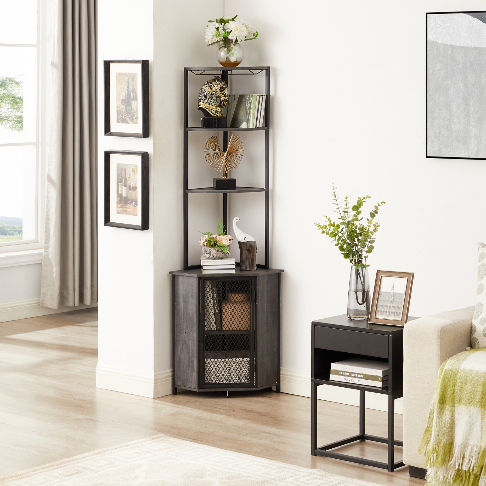 5-Tier Corner Shelf Tall Bookcase Storage Cabinet with Wine Rack Display Rack