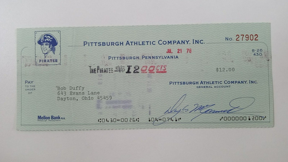 Bob Duffy: 1978 Pittsburgh Pirates Expense Check