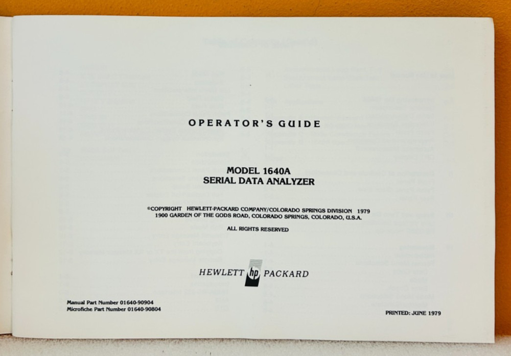HP 01640-90904 1979 Model 1640A Serial Data Analyzer Operator's Guide Manual.