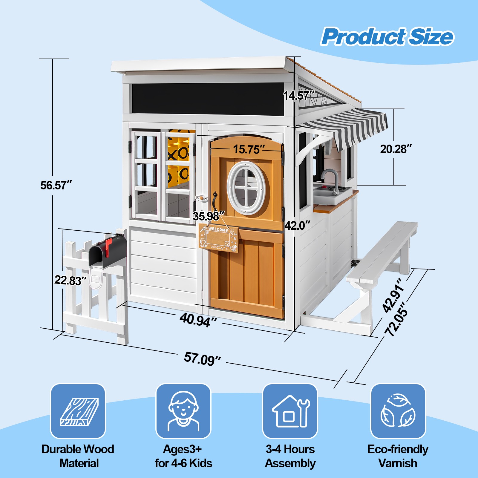 Kids Wooden Playhouse Outdoor Cottage Play Kitchen,Bench,Blackboard,Tic-Tac-Toe