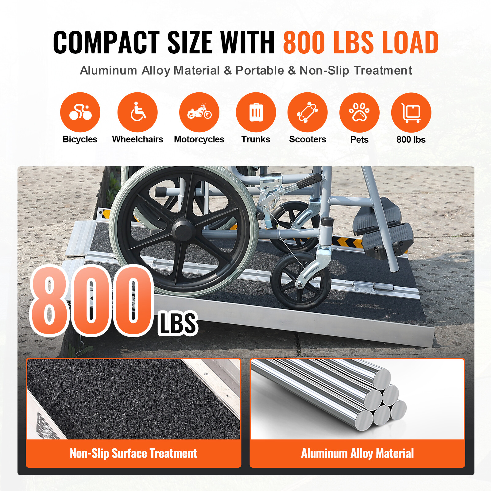 VEVOR 2' 800lbs Folding Wheelchair Ramp Aluminum Mobility Ramp Portable Non-Slip