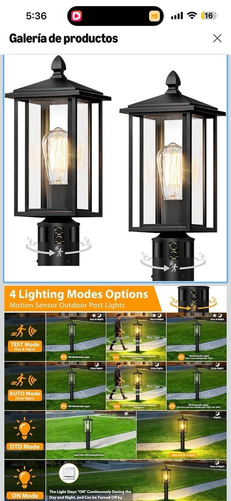 Motion Sensor Waterproof Outdoor Aluminum Post Light, E26 Base, 4 Modes, Black