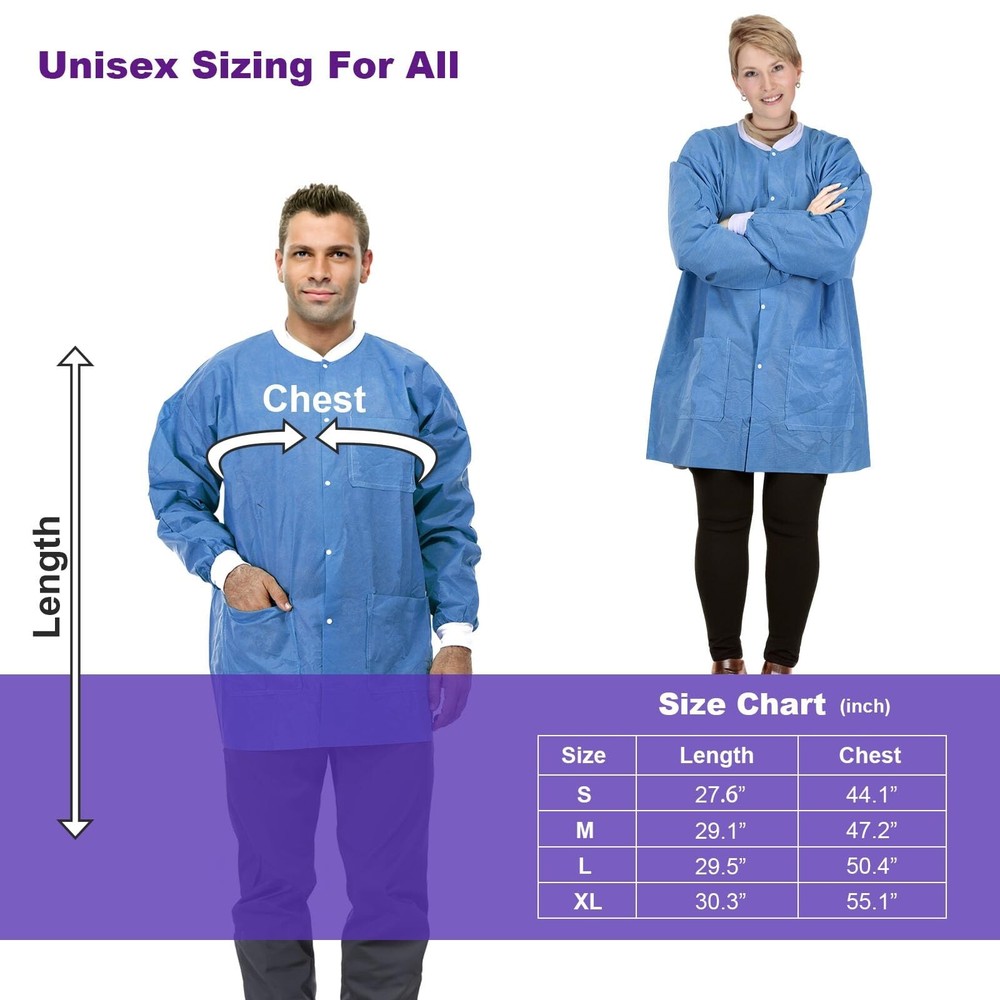 Disposable Lab Jackets Durable SMS Multiple Layers 45G Hip Length with Pockets