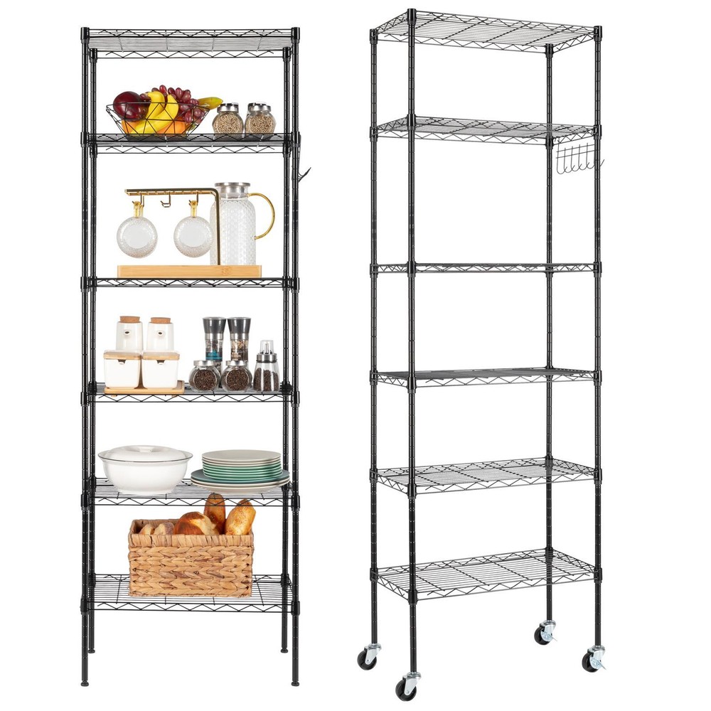 65" Adjustable Rolling Storage Rack 6-Tier Wire Shelving Unit with Hanging Hooks