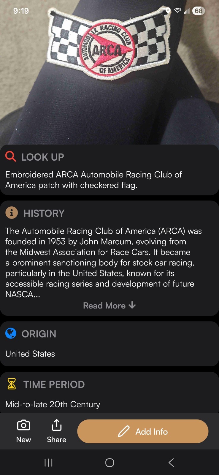 VINTAGE EMBROIDERED ARCA AUTOMOBILE RACING CLUB OF AMERICA PATCH W/CHECKERED FLA