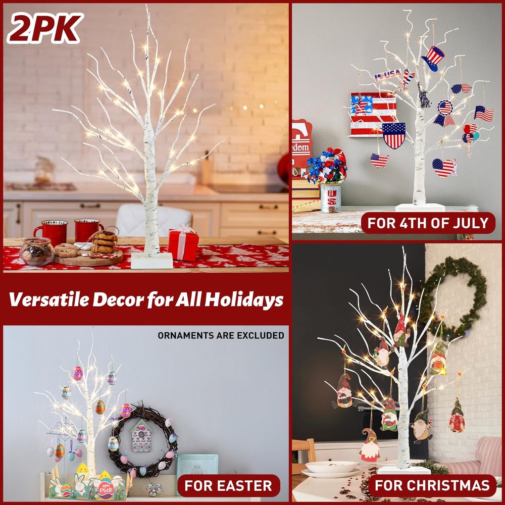 Easter Decorations, 2FT Birch Tree with LED Lights, Warm White Light up Tree ...