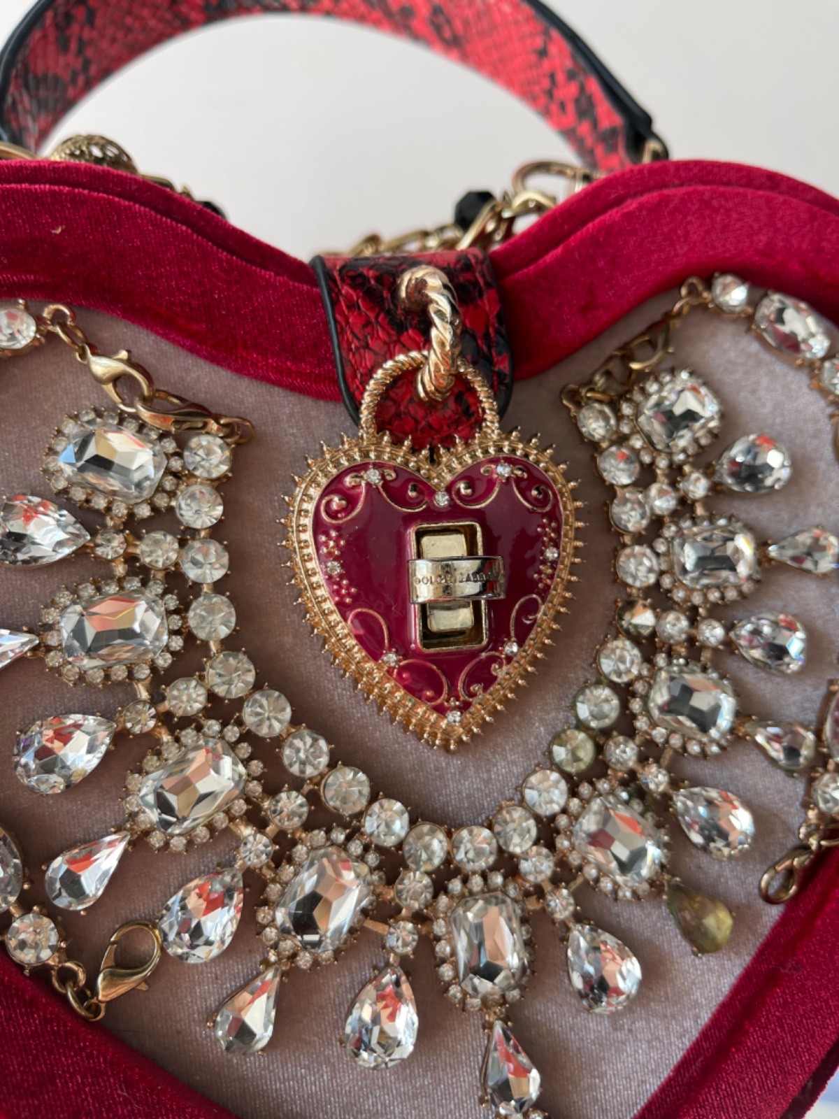 Vintage Heart Shaped Red Velvet Handbag Rhinestone Crystals Gold Chain Y2K Goth