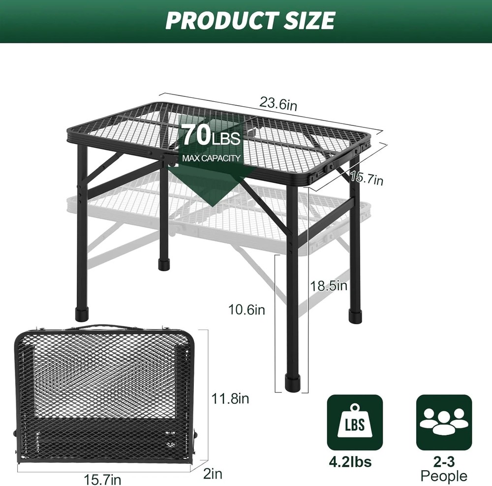 Folding Table, 2X1.3 FT Camping Table with Mesh Desktop,Folding Grill Table with
