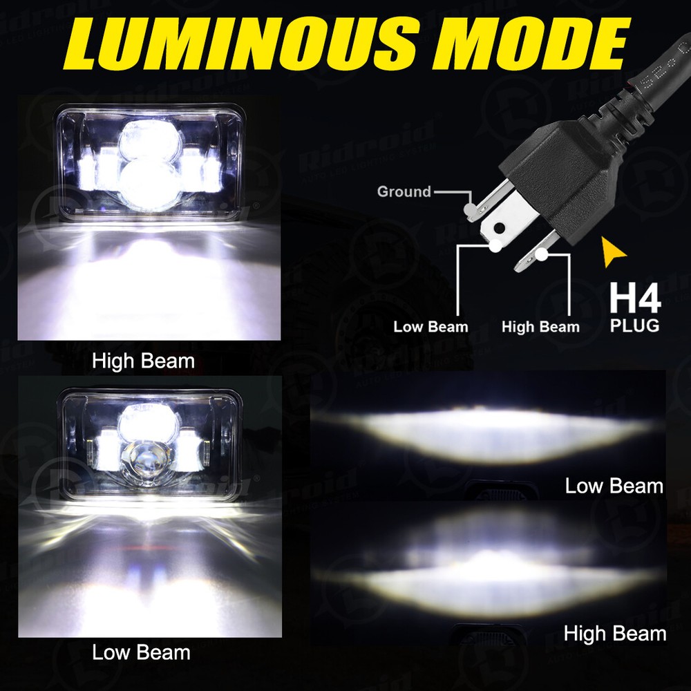 Black LED 4x6 Rectangular Projector Halo LED Headlights High Low Beam DRL Lamp