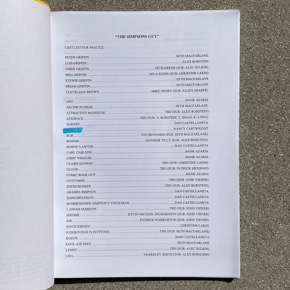 Family Guy Nancy Cartwright Bart Simpson 2013 Simpsons Used Table Draft Script