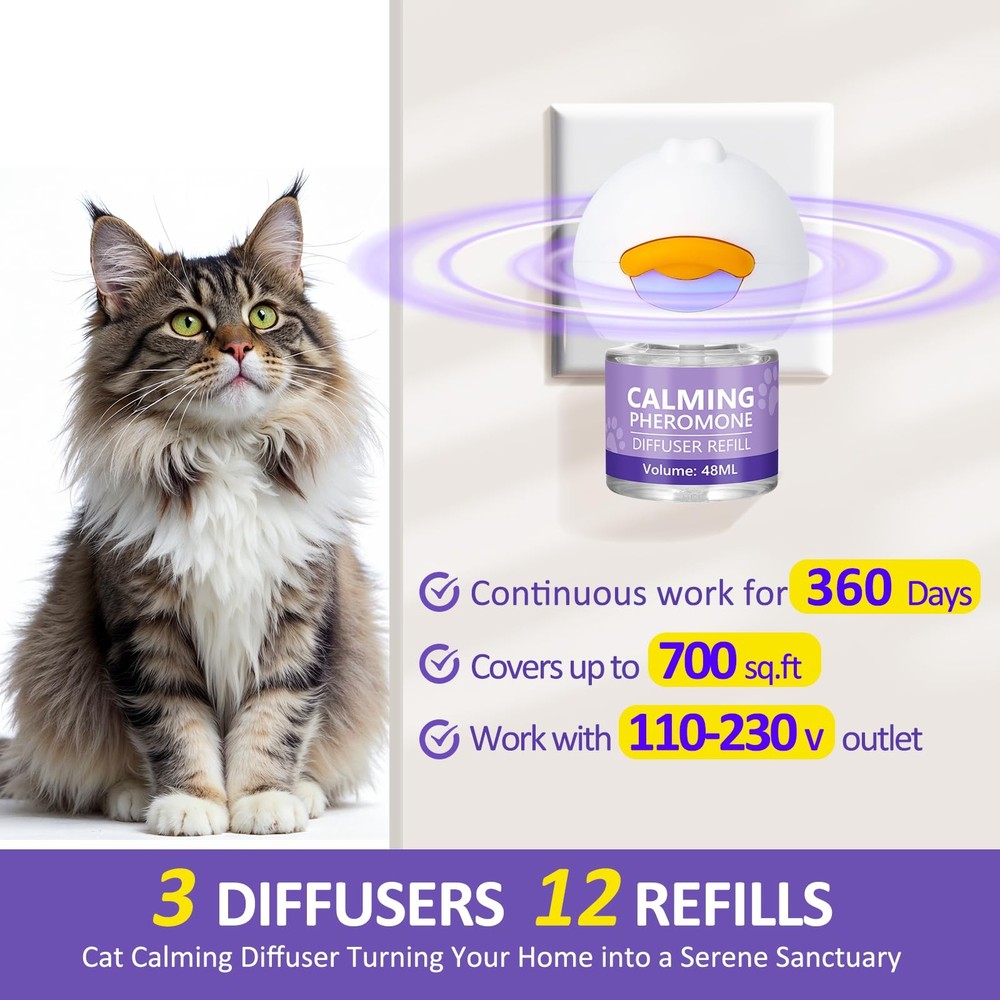 Cat Calming Diffuser 12 Refill Solutions, 3 Plugs- Cat Pheromones Calming Dif...