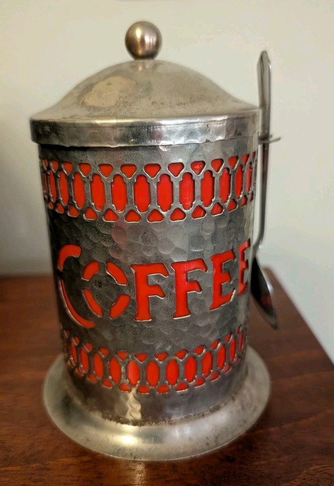 Vintage Silver Plate Coffee Canister w/Spoon, Lid & Red Plastic Insert
