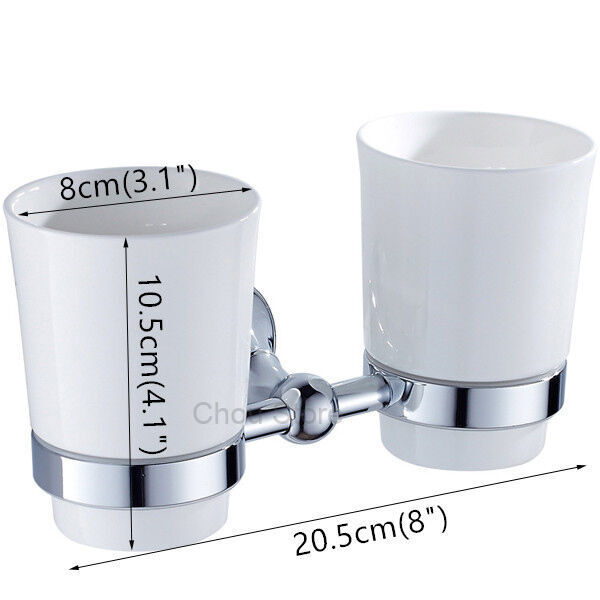 Wall Mounted Toothbrush Holder Set with Two Ceramic Cups Simple Design Chrome