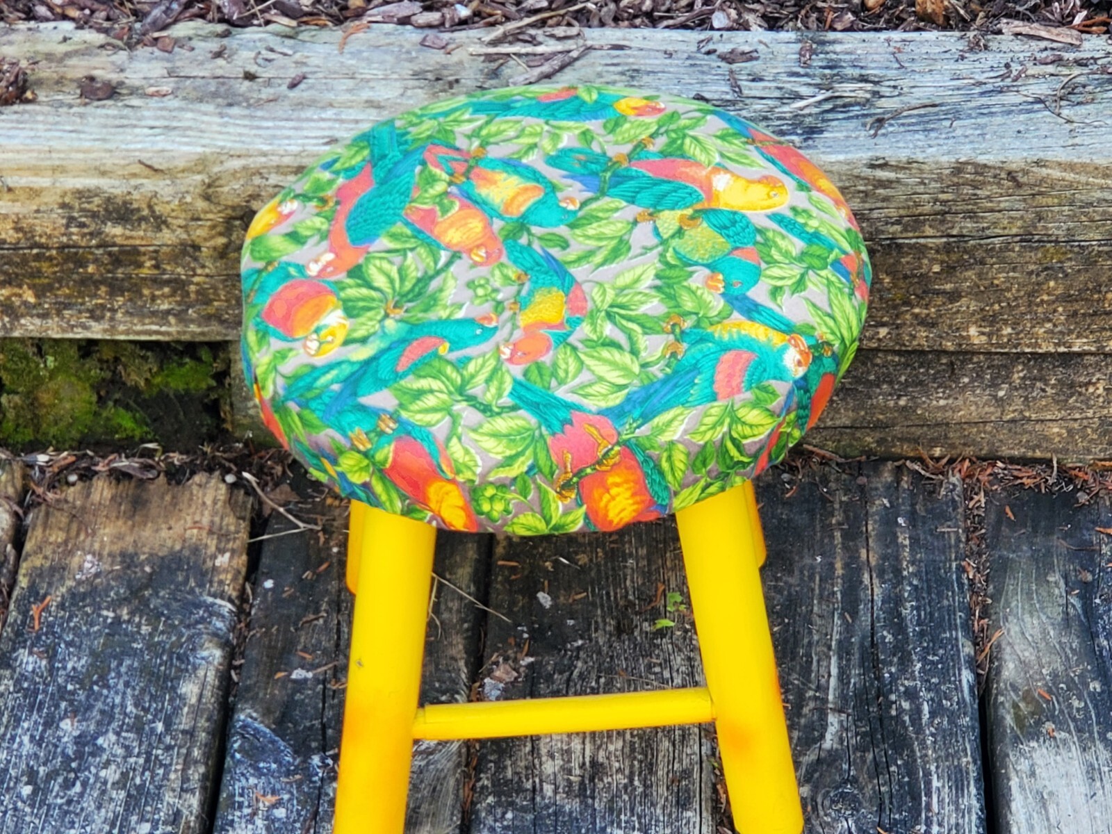 Parrot Jungle Paradise Love Birds Footstool Wood Base Colorful Hand Made As Is