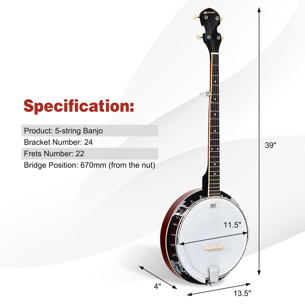 Sonart 5 String Geared Tunable Banjo 24 Brackets Closed Back Remo Head with Case