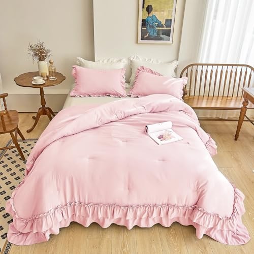 Ruffle Comforter Set 3 Pieces Vintage Ruffle Fringe Queen Peach Pink