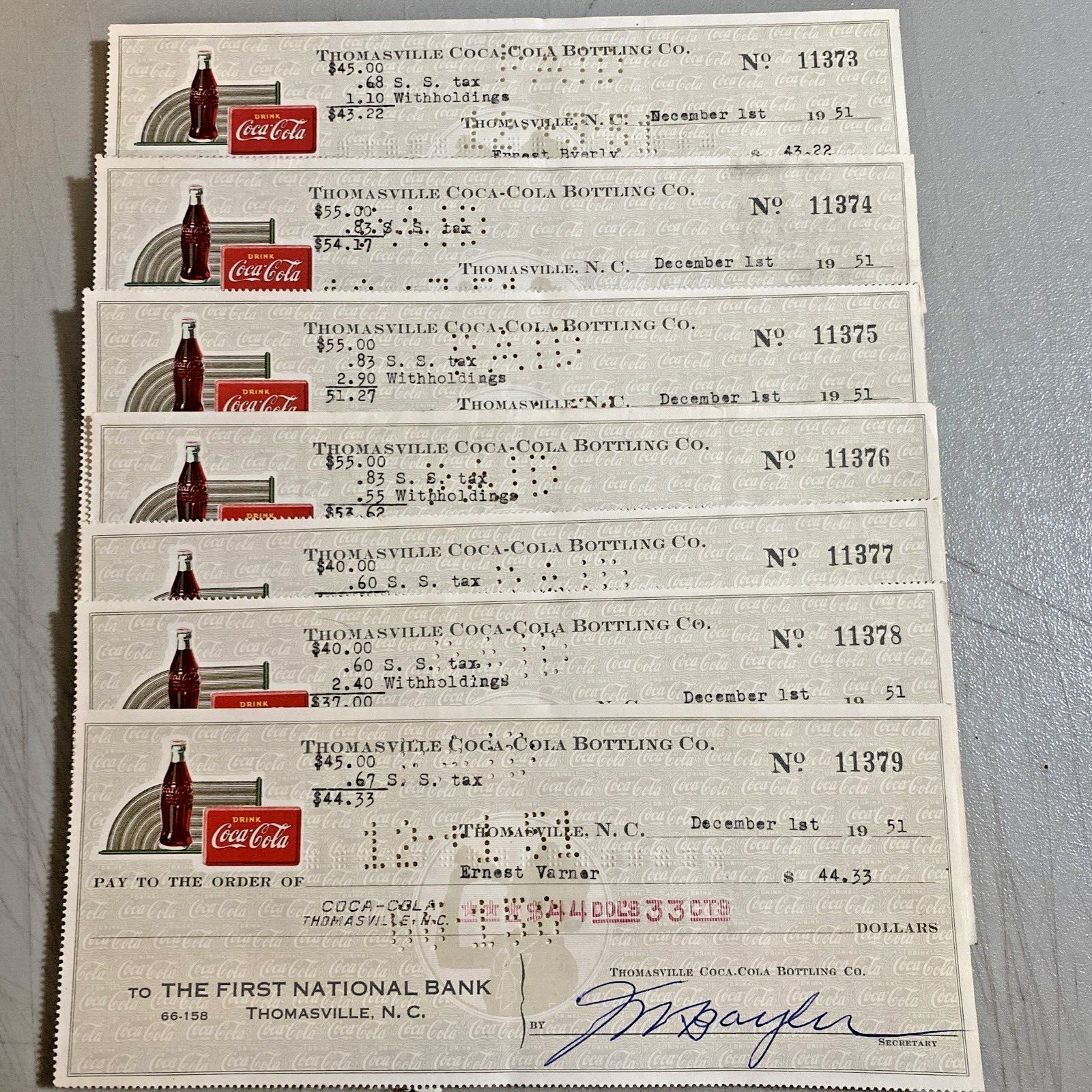 1951 Coca-Cola Bottling CO Coke Canceled Check Thomasville, N.C. National Bank.
