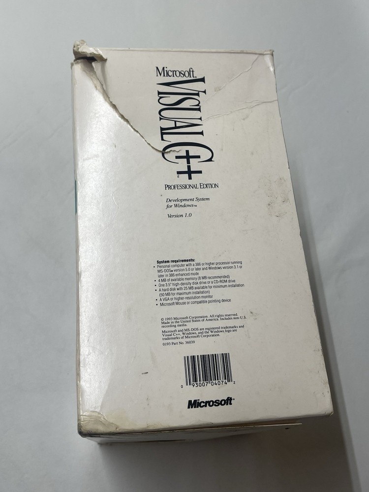 Microsoft Visual C++ Professional Edition Version 1.0 1993 Big Box 3.5" Floppy