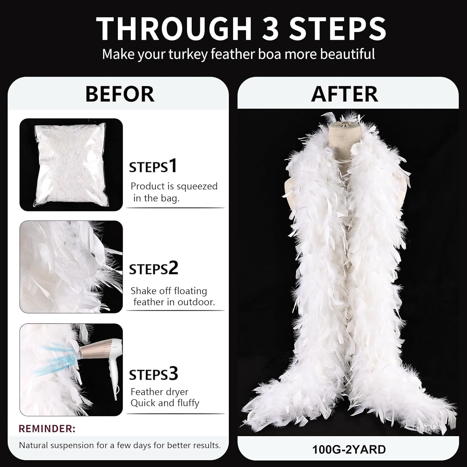 THARAHT Chandelle Feather Boa 19 Color-38g/55g100g 2Yard Dancing White