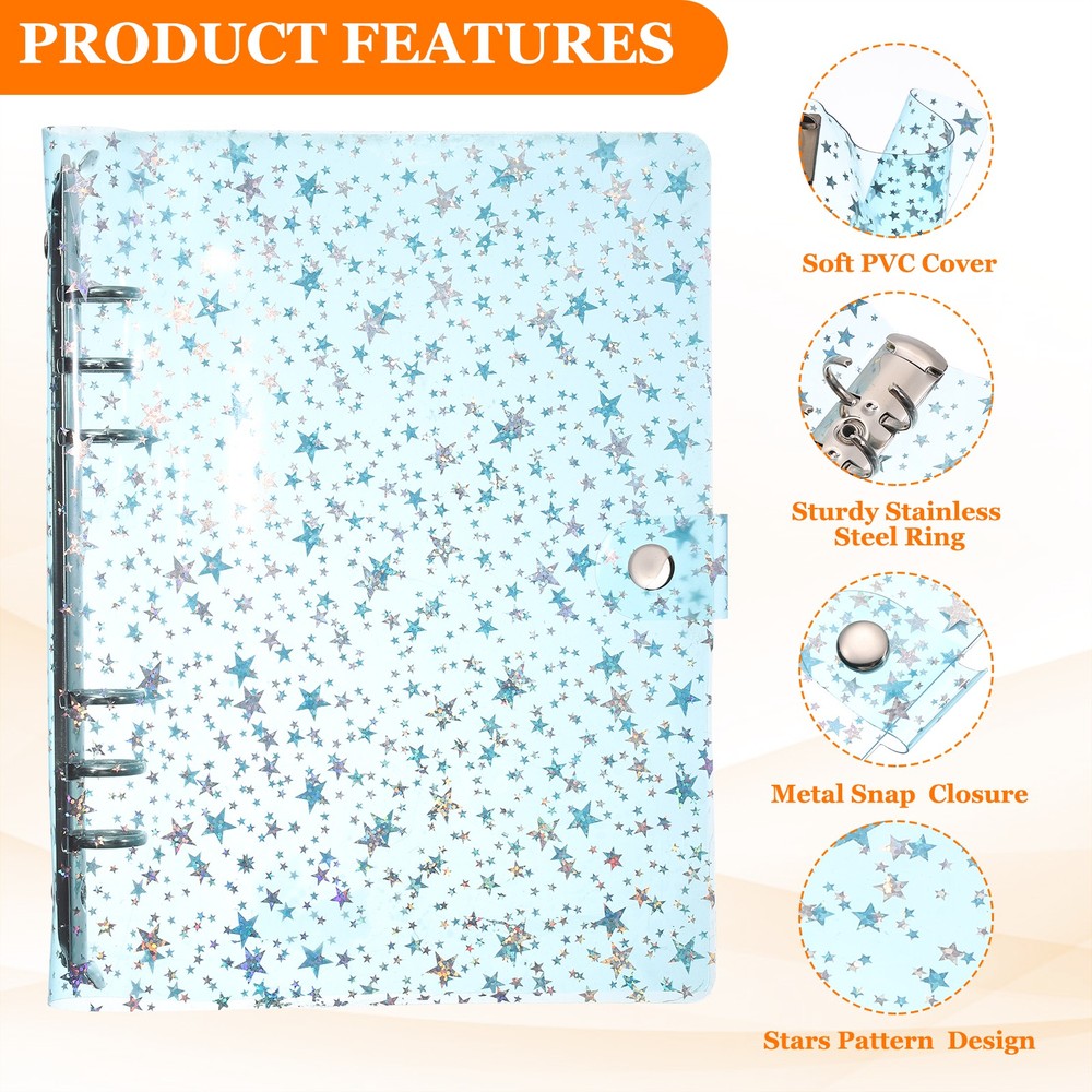 A5 Binder Cover, Stars Refillable Notebook Shell with Snap Button, Blue