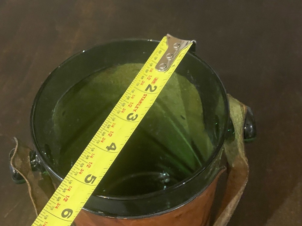 Vintage Green Glass Tooled Leather Wrapped Ice BUCKET Lion Leather Strap B60