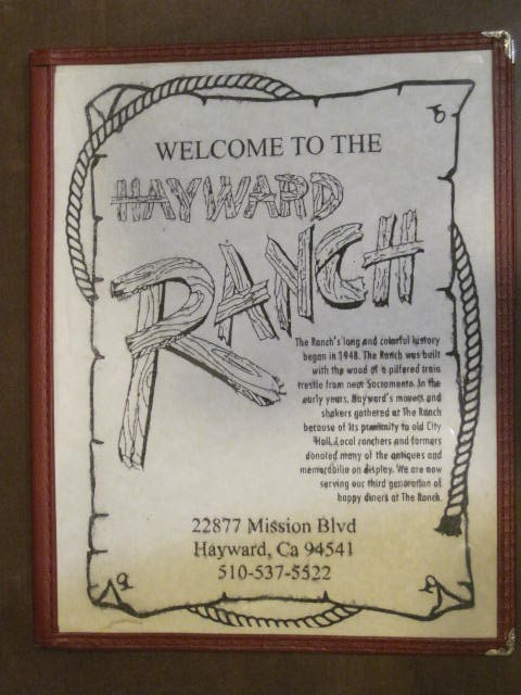 Hayward Ranch Menu - 8-1/2" x 11" - VG - Year Unknown