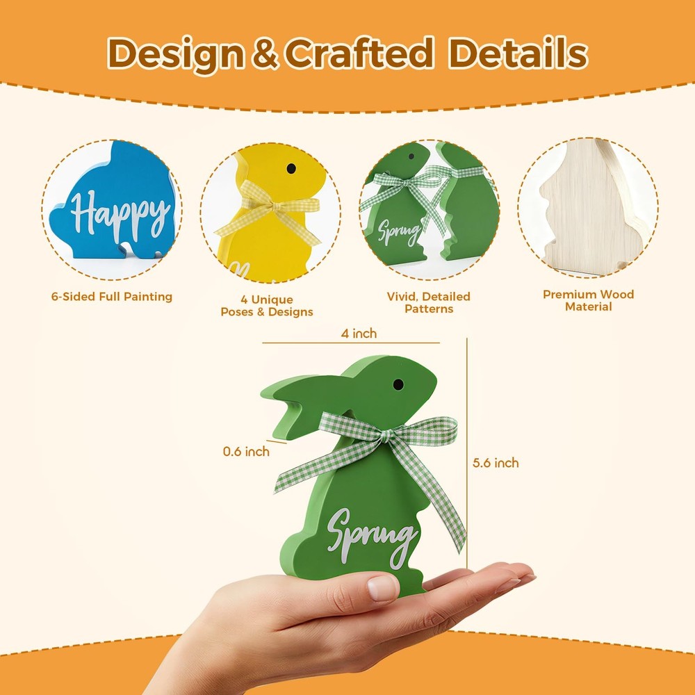 Olanrun Easter Decor, 4 Pcs Bunny Spring Green, Pink, Blue, Yellow