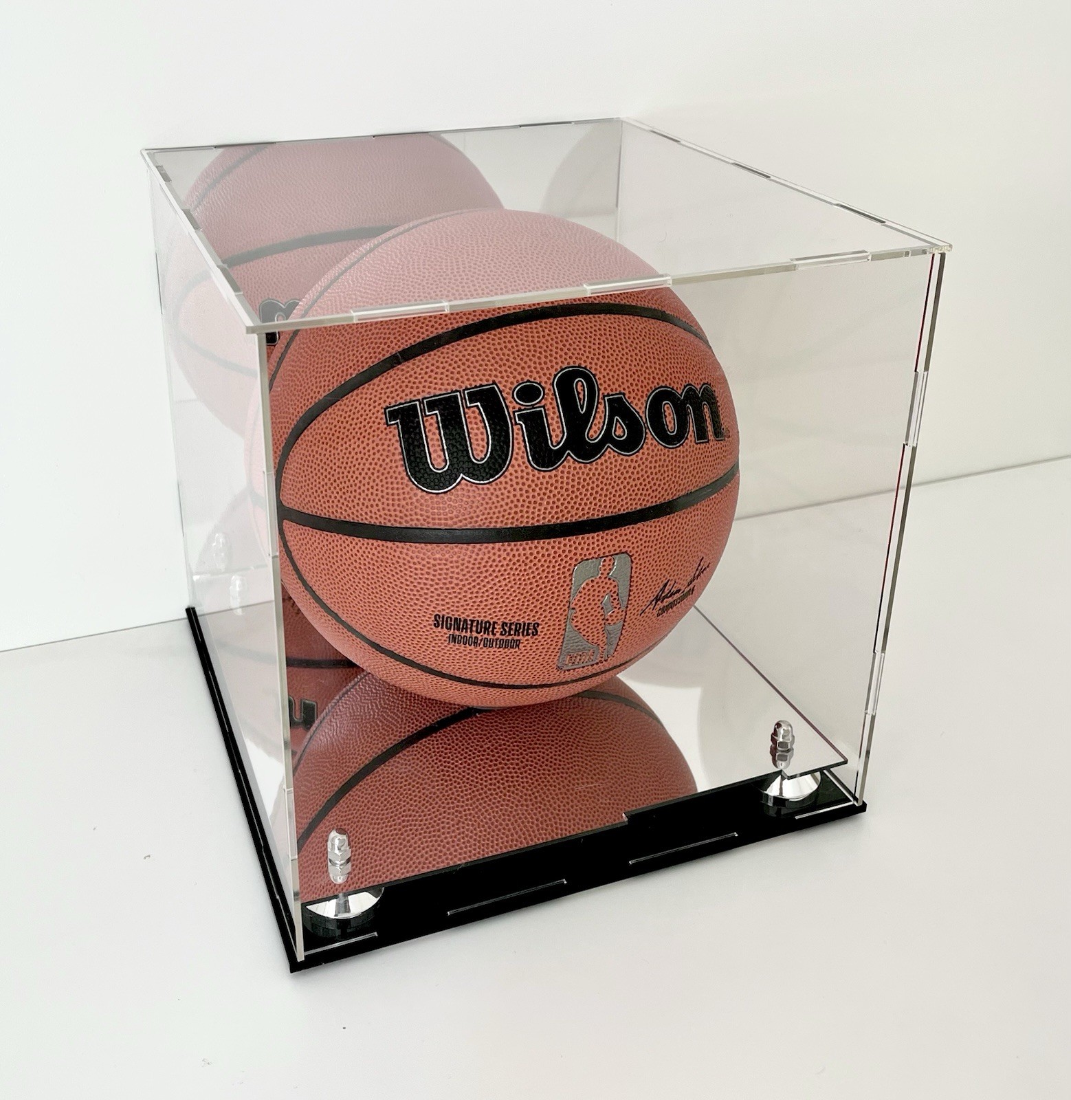 Basketball Display Case with Silver Cones, Mirror Base and Mirror Back