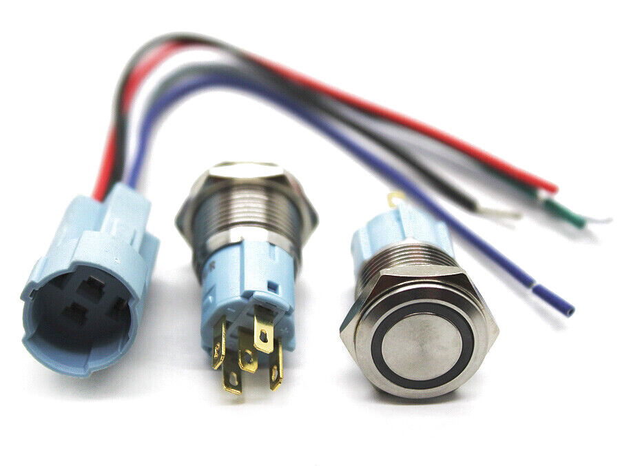 LED ON/OFF Stainless Steel Push Button Panel Mount Switch w/Harness