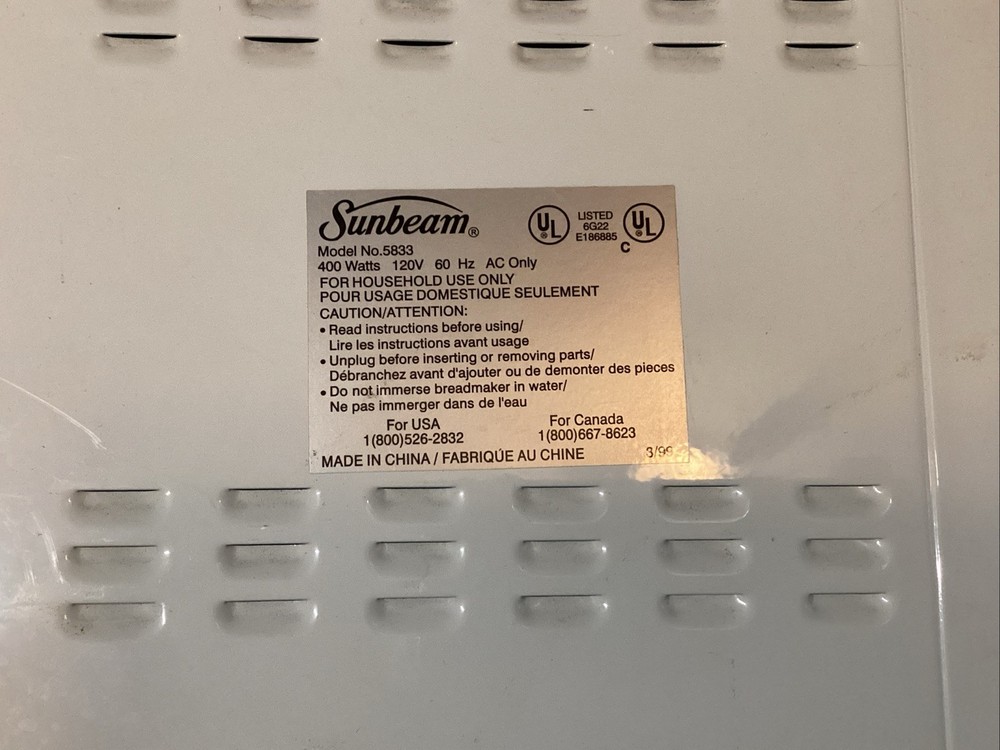 Breadmaker Sunbeam Expressbake Bread Machine 5833 TESTED Bread Pan & Paddle