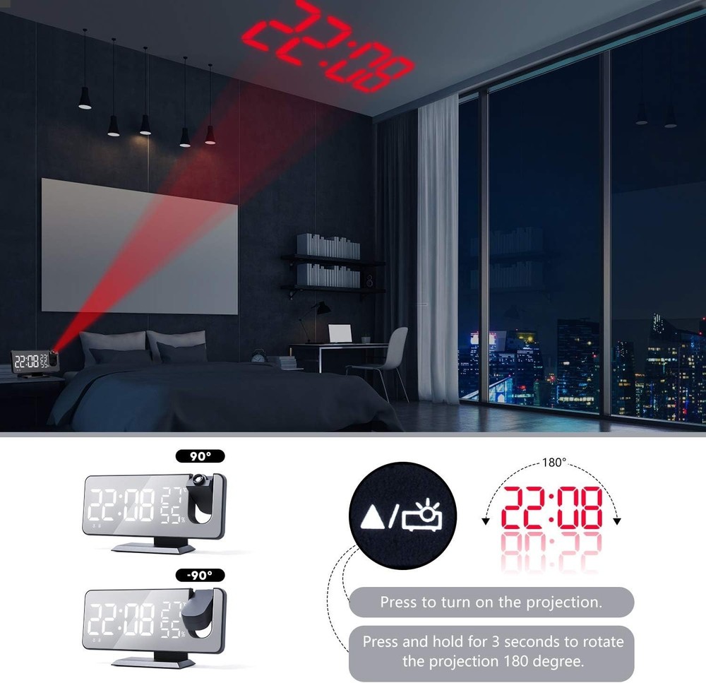 Stylish Black 7.3'' Projection Alarm Clock with Sleep Timer & Brightness Control