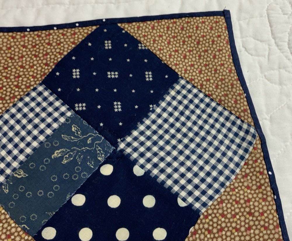 Antique Patchwork Quilt Table Topper, Four Patch, Early Calicos, Brown, Navy