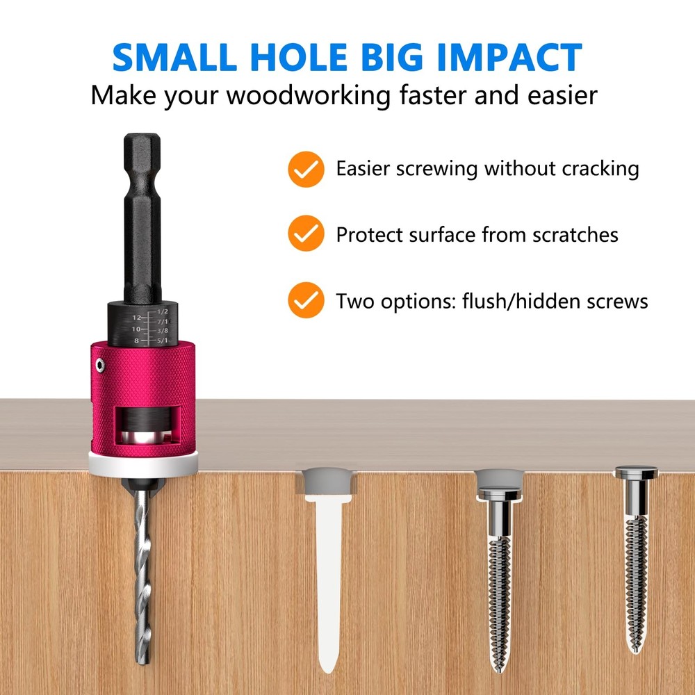 5-Piece Countersink Drill Bit Set with Adjustable Depth Stop, 1/4" Hex Shank ...