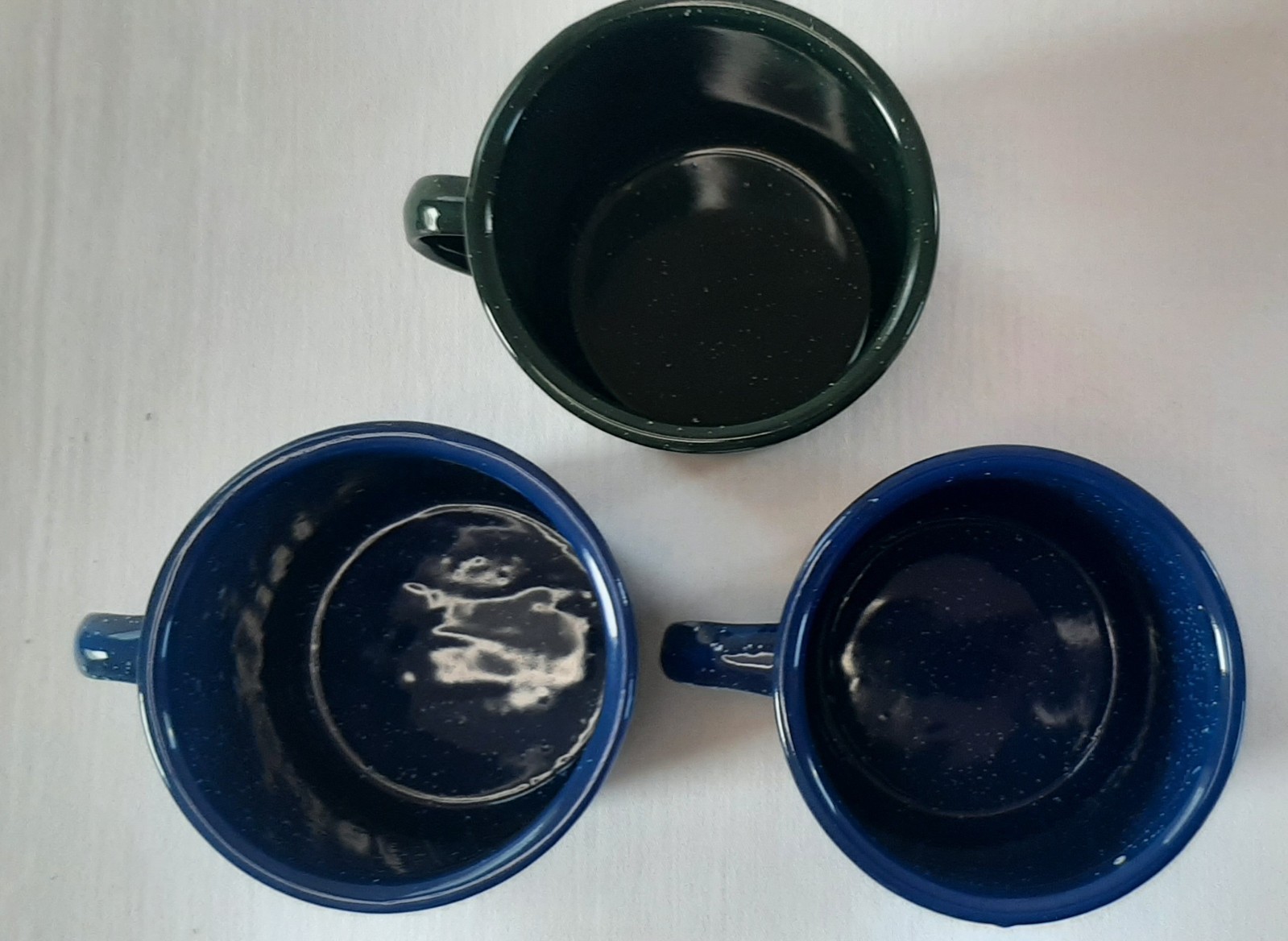 Coleman Blue Speckled Enamelware Camping Mugs Set of 2 Cups, plus a green mug