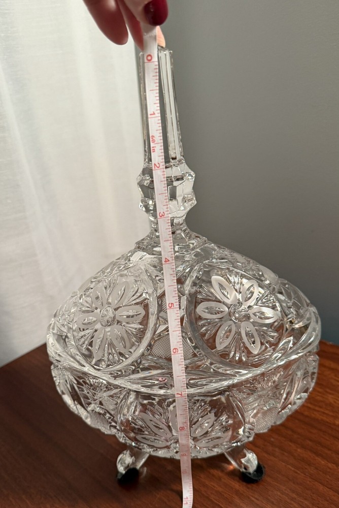 Large Heavy Etched Crystal Covered Oval Bowl/Dish