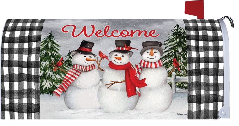 Snowman Trio on Plaid Mailbox Cover